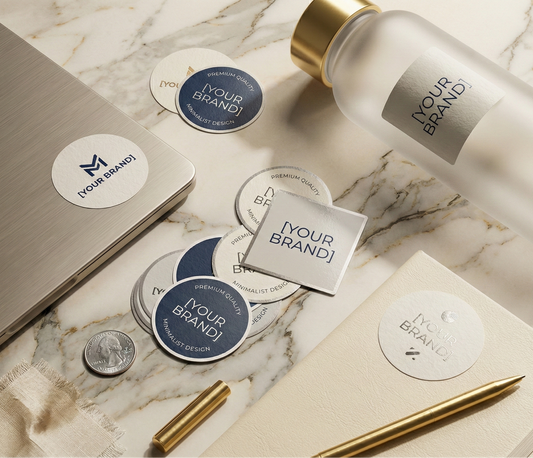 Collection of branded stickers, bottle, and pen on a marble surface