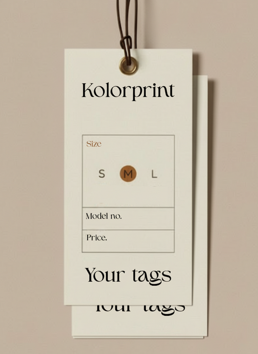 Kolorprint tag with size chart on a beige background