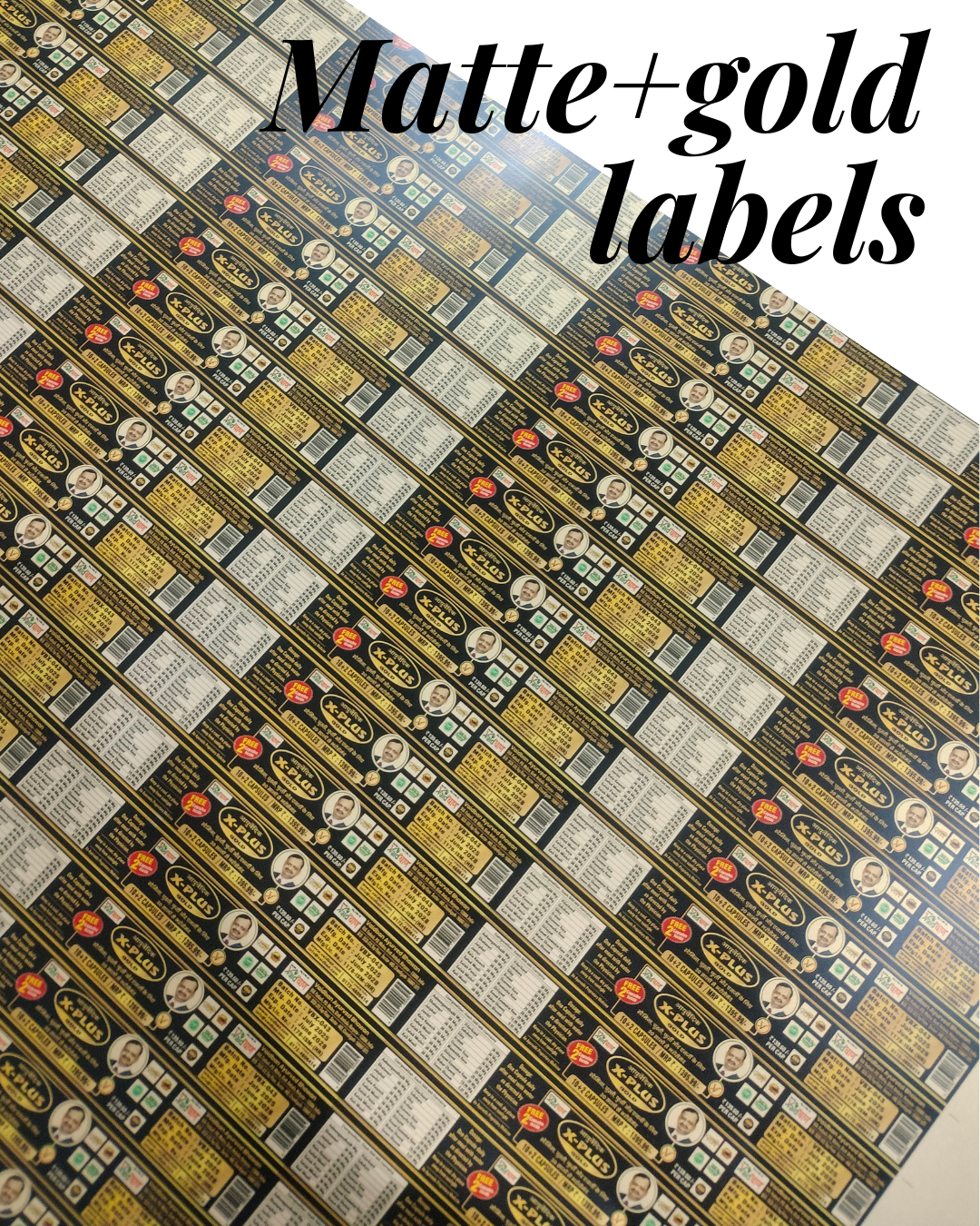 Sheet of matte and gold labels with text and graphics.