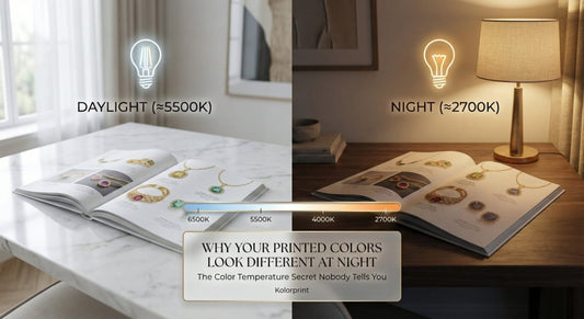 Printed color samples showing color shift under different lighting conditions - daylight vs indoor LED lighting
