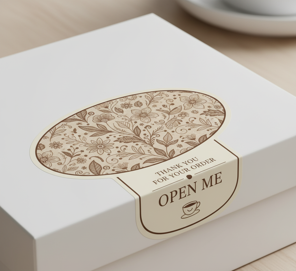 White box with floral design and 'Open Me' label on a wooden surface