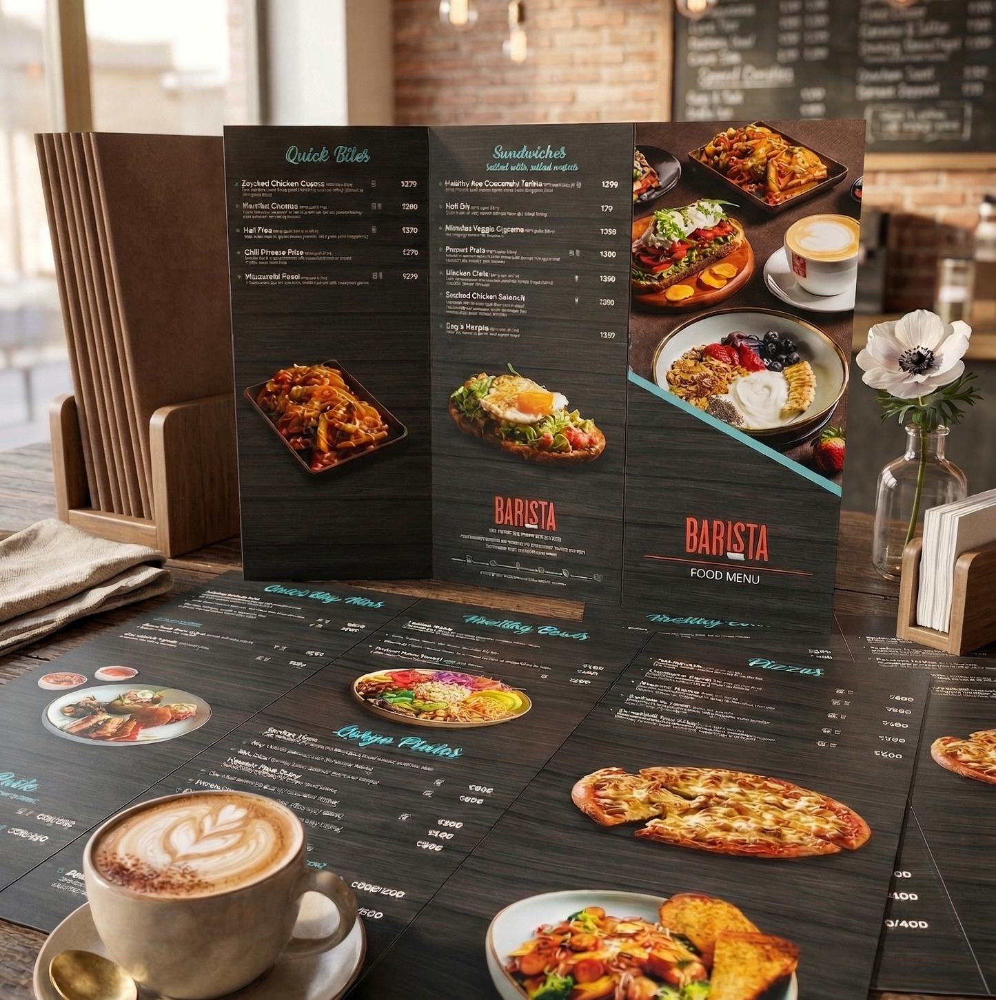 Restaurant menu with food photos and a cup of coffee on a wooden table.