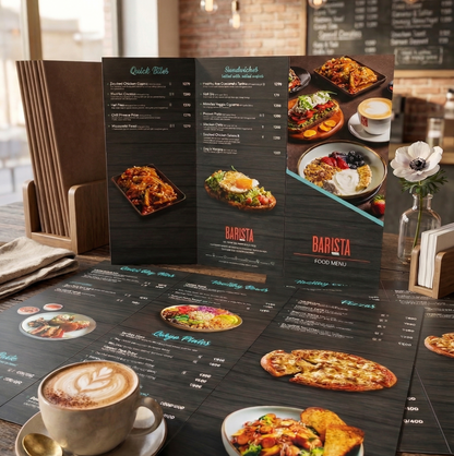 Restaurant menu with food photos and a cup of coffee on a wooden table.