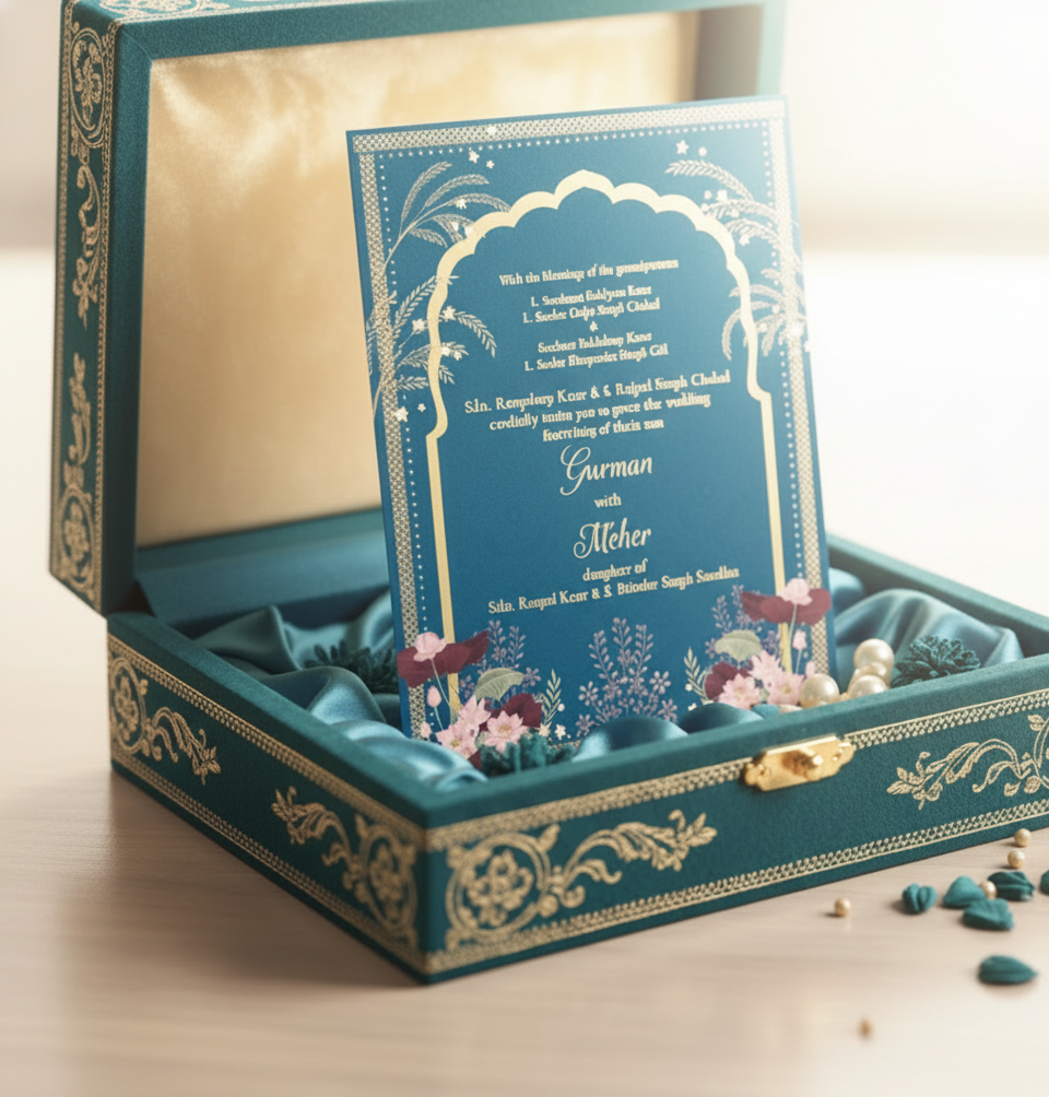 Decorative blue wedding invitation in an ornate box with floral elements.