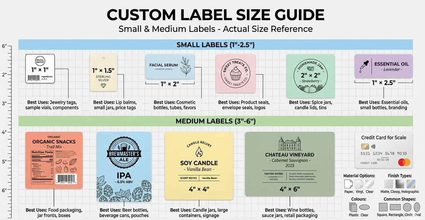Custom label size guide with various label examples and dimensions