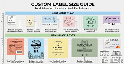 Custom label size guide with various label examples and dimensions