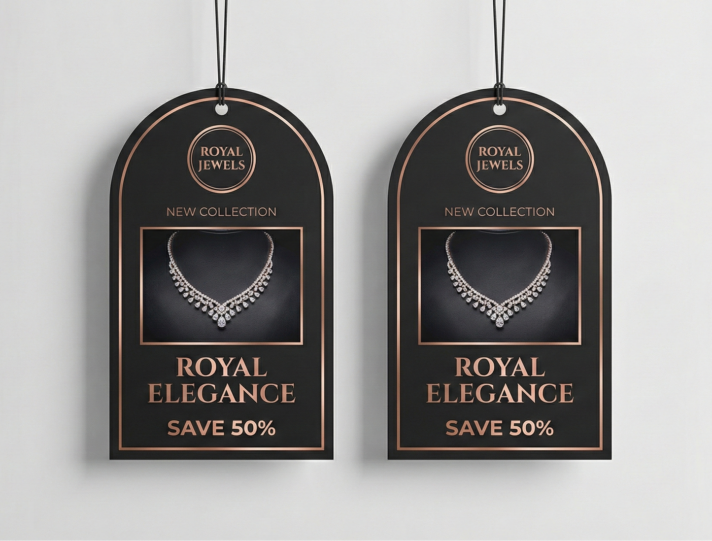 Two 'Royal Elegance' jewelry tags with a necklace design on a light gray background.