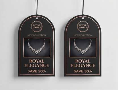 Two 'Royal Elegance' jewelry tags with a necklace design on a light gray background.