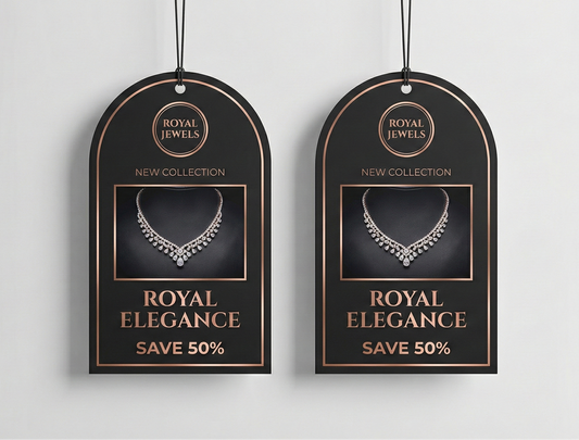 Two 'Royal Elegance' jewelry tags with a necklace design on a light gray background.