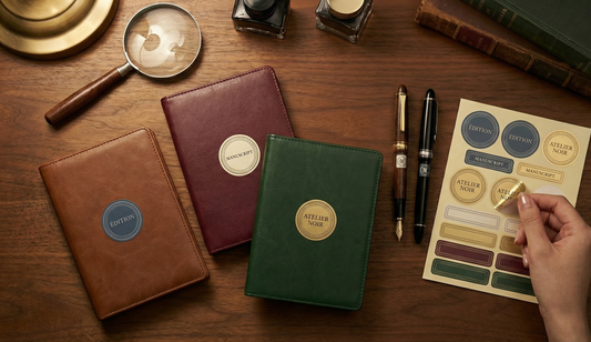 Three leather-bound notebooks on a wooden surface with stationery items and a hand holding a sheet of stickers.