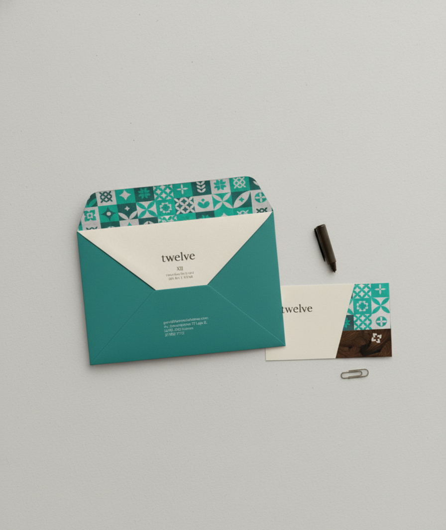 Teal envelope with patterned interior on a light gray background