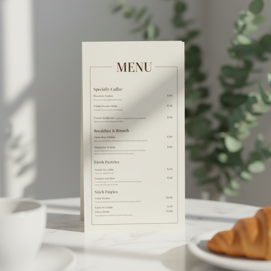 Menu card on a table with a croissant and a blurred plant in the background