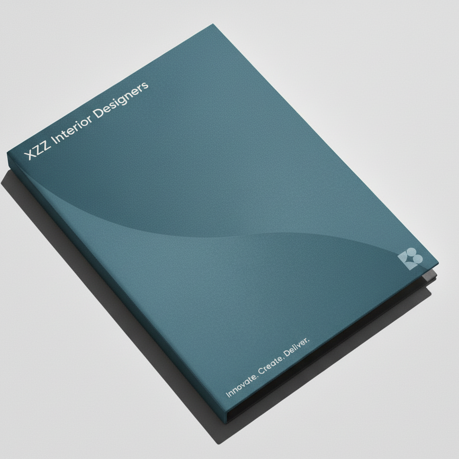 Blue book with 'XZZ Interior Designers' branding on a light gray background