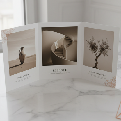 Foldout brochure with three photographs on a marble surface