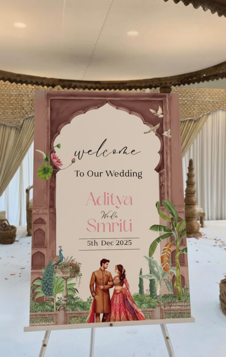 Wedding welcome sign with floral design and couple illustration on an easel.