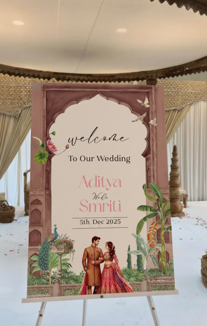 Wedding welcome sign with floral design and couple illustration on an easel.
