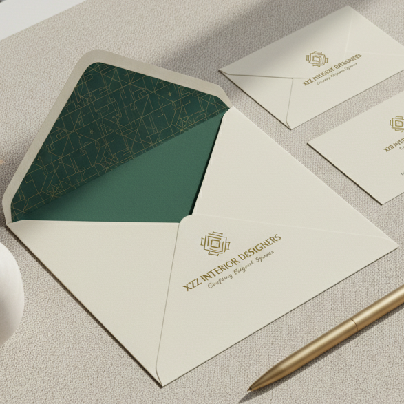 Stationery set with a letter, envelope, pen, and notebook on a textured surface.
