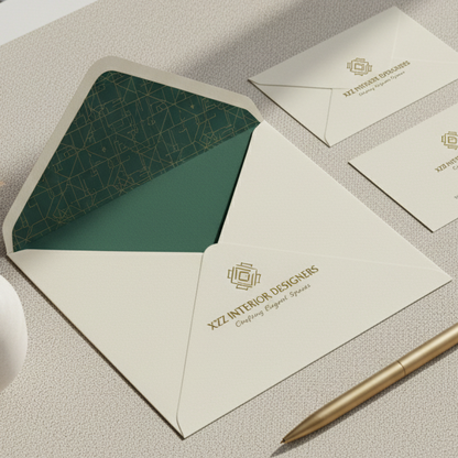 Stationery set with a letter, envelope, pen, and notebook on a textured surface.