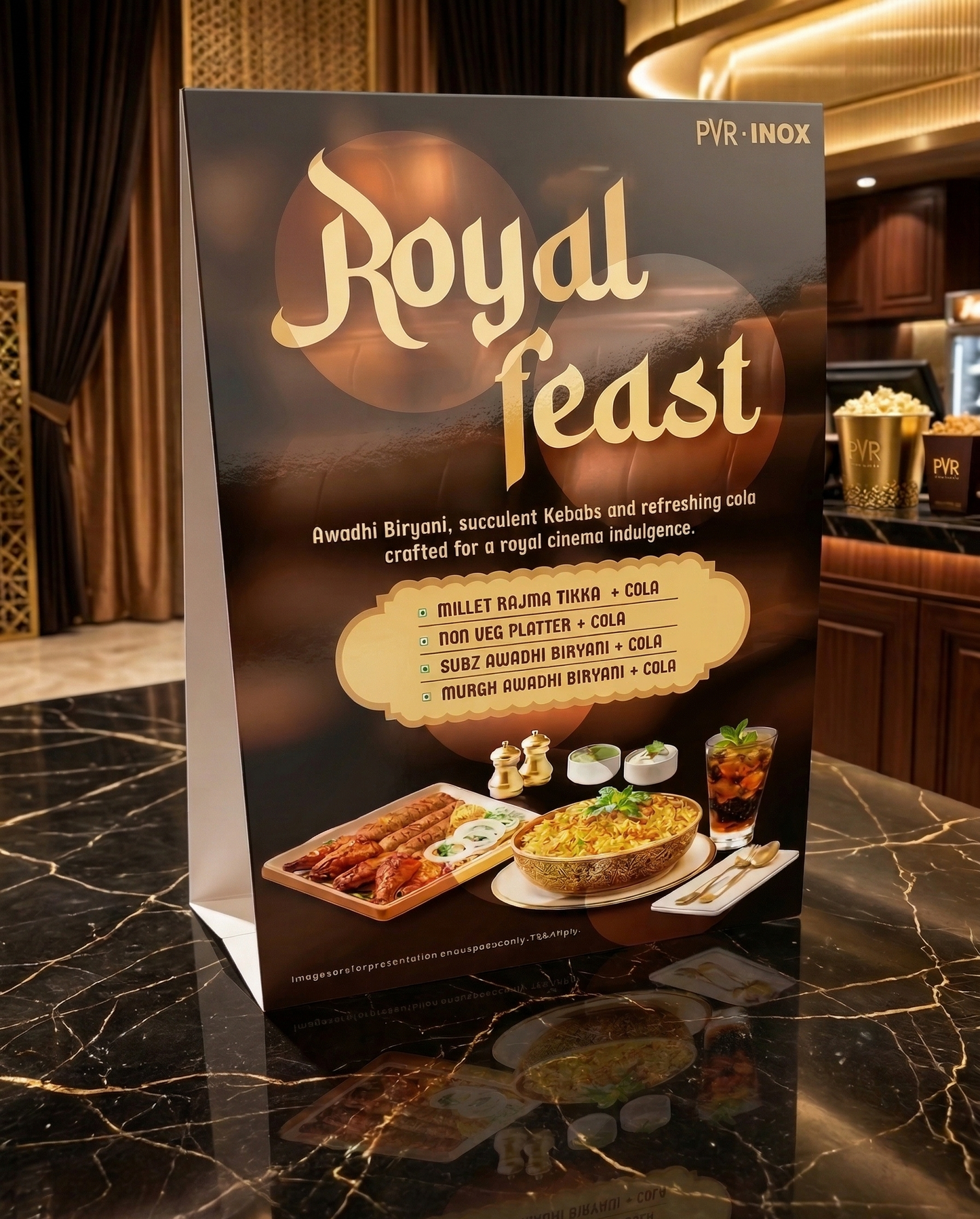 Promotional poster for 'Royal Feast' at PVR INOX cinema with food images and text.