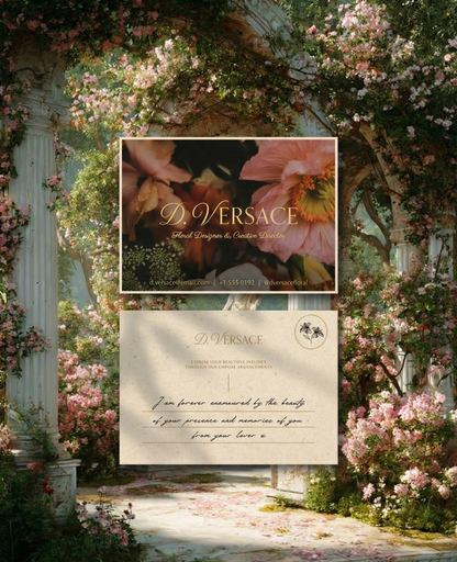 Versace advertisement visiting card with floral archway and garden background