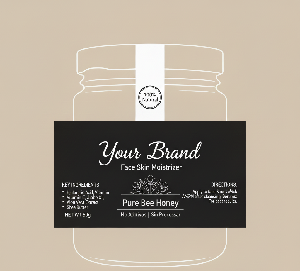 Placeholder design of a face skin moisturizer jar with customizable branding on a beige background