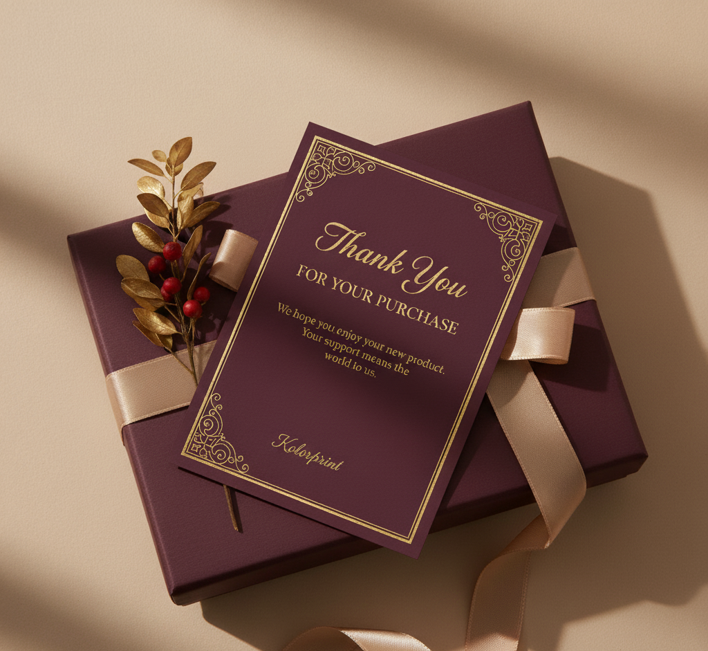 Purple gift box with a 'Thank You for Your Purchase' card on a beige background