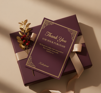 Purple gift box with a 'Thank You for Your Purchase' card on a beige background