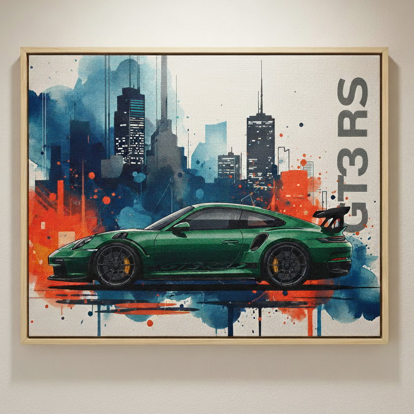 Framed artwork of a green sports car with 'GT3 RS' text against a cityscape background.