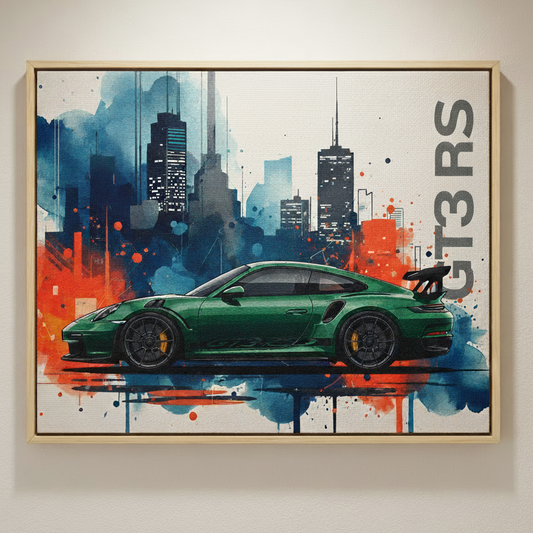 Framed artwork of a green sports car with 'GT3 RS' text against a cityscape background.
