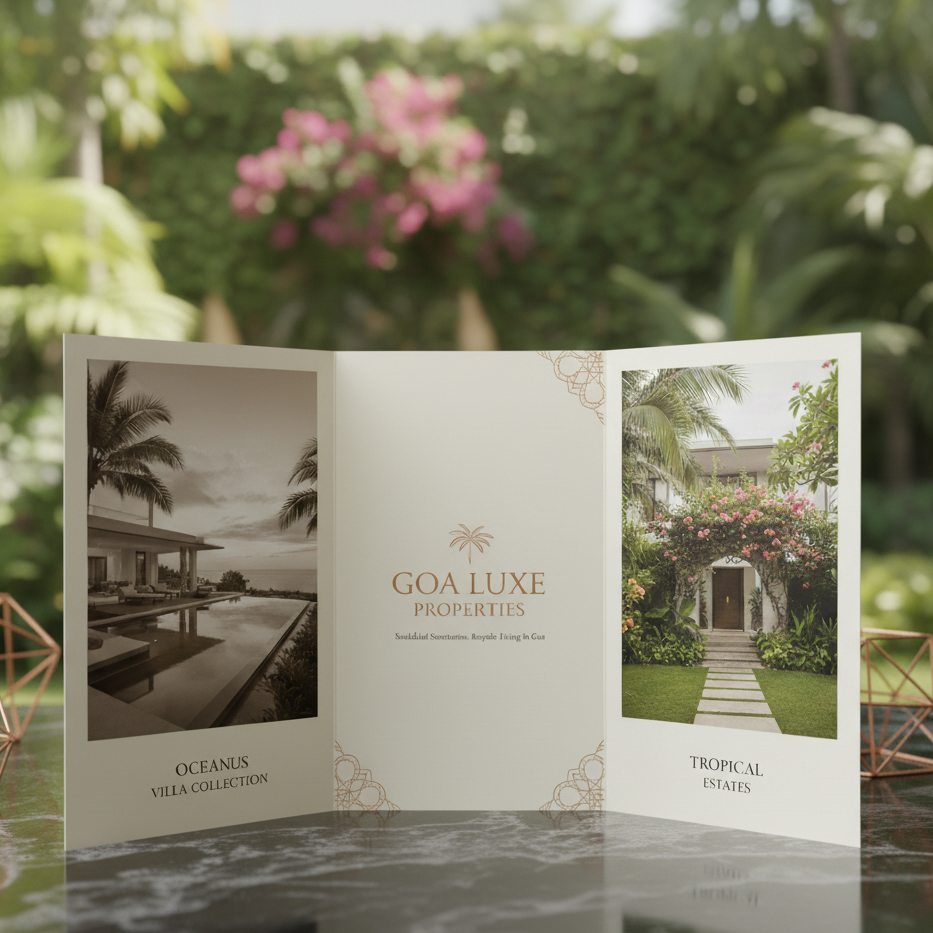 Open brochure with Goa Luxe Properties branding and images of a villa and garden.