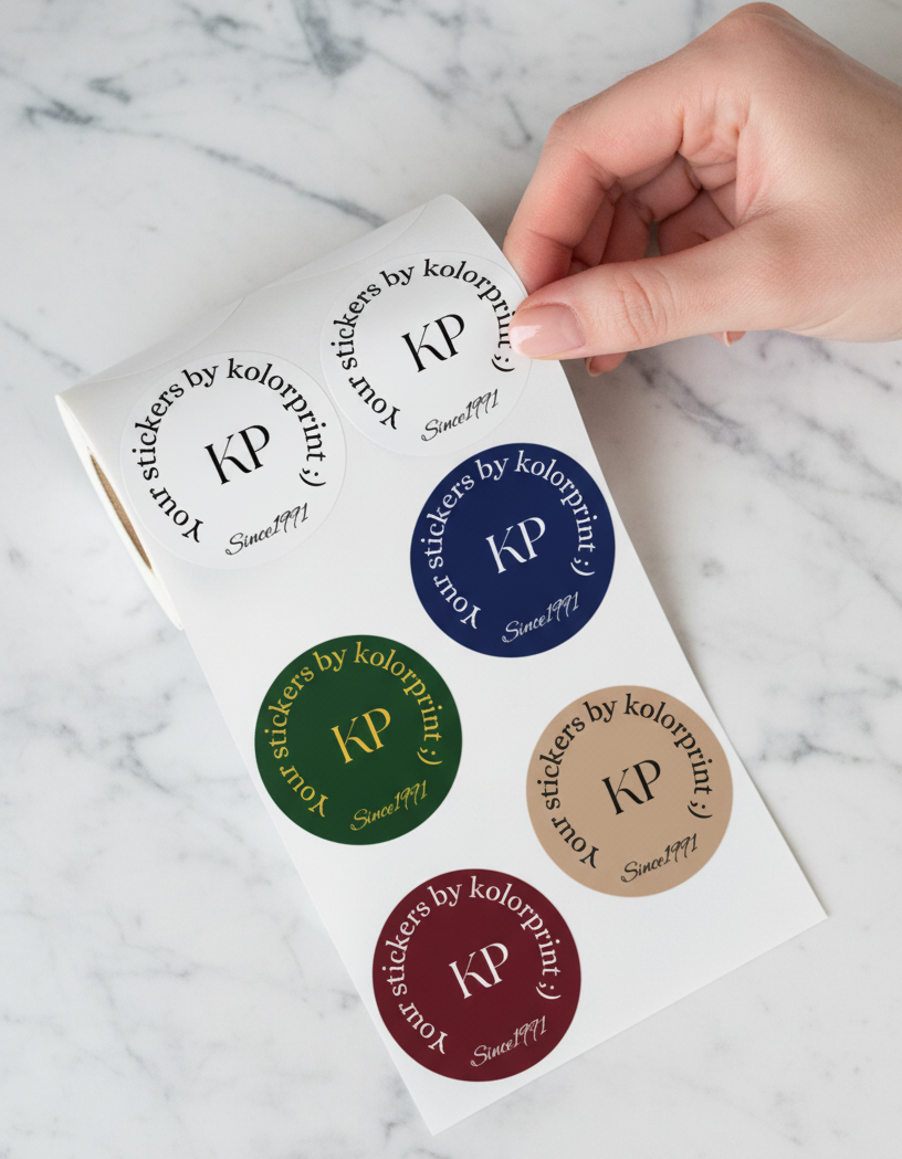 Sheet of round stickers with 'KP' branding held by a hand on a marble surface
