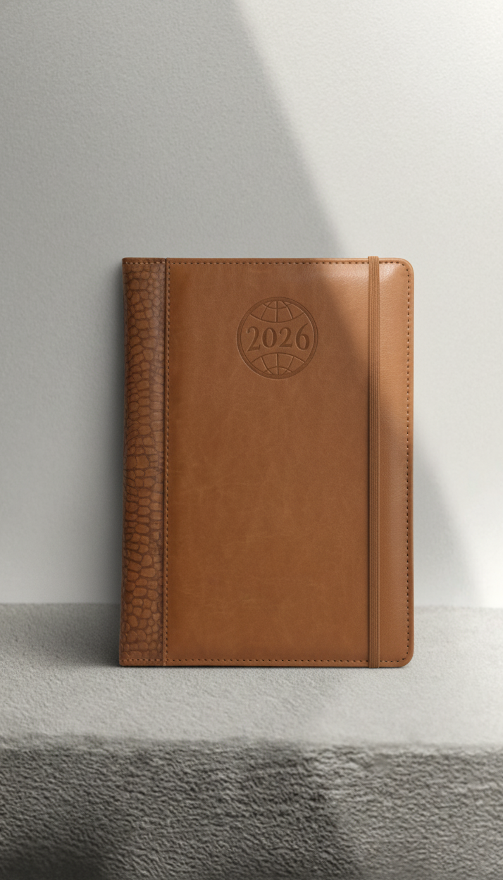 Brown leather notebook with '2023' embossed on it, placed on a light gray surface.