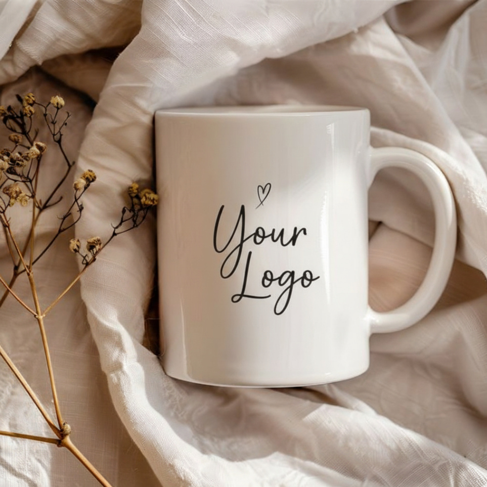 White mug with 'Your Logo' text on a soft fabric background