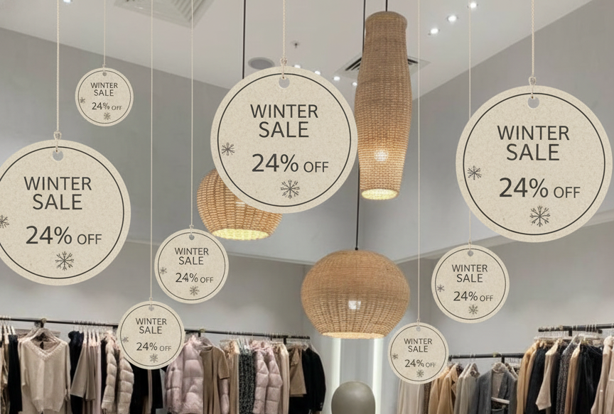 Retail store interior with mannequin wearing winter clothing and 'Winter Sale' signs.
