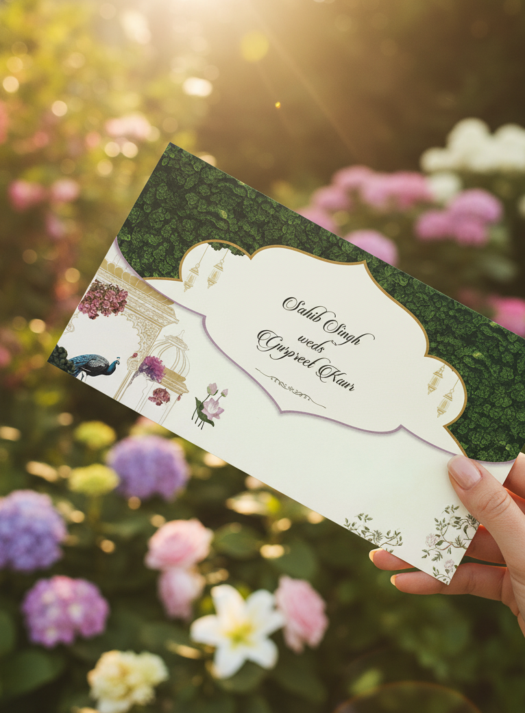 Hand holding a wedding invitation with floral design against a blurred garden background