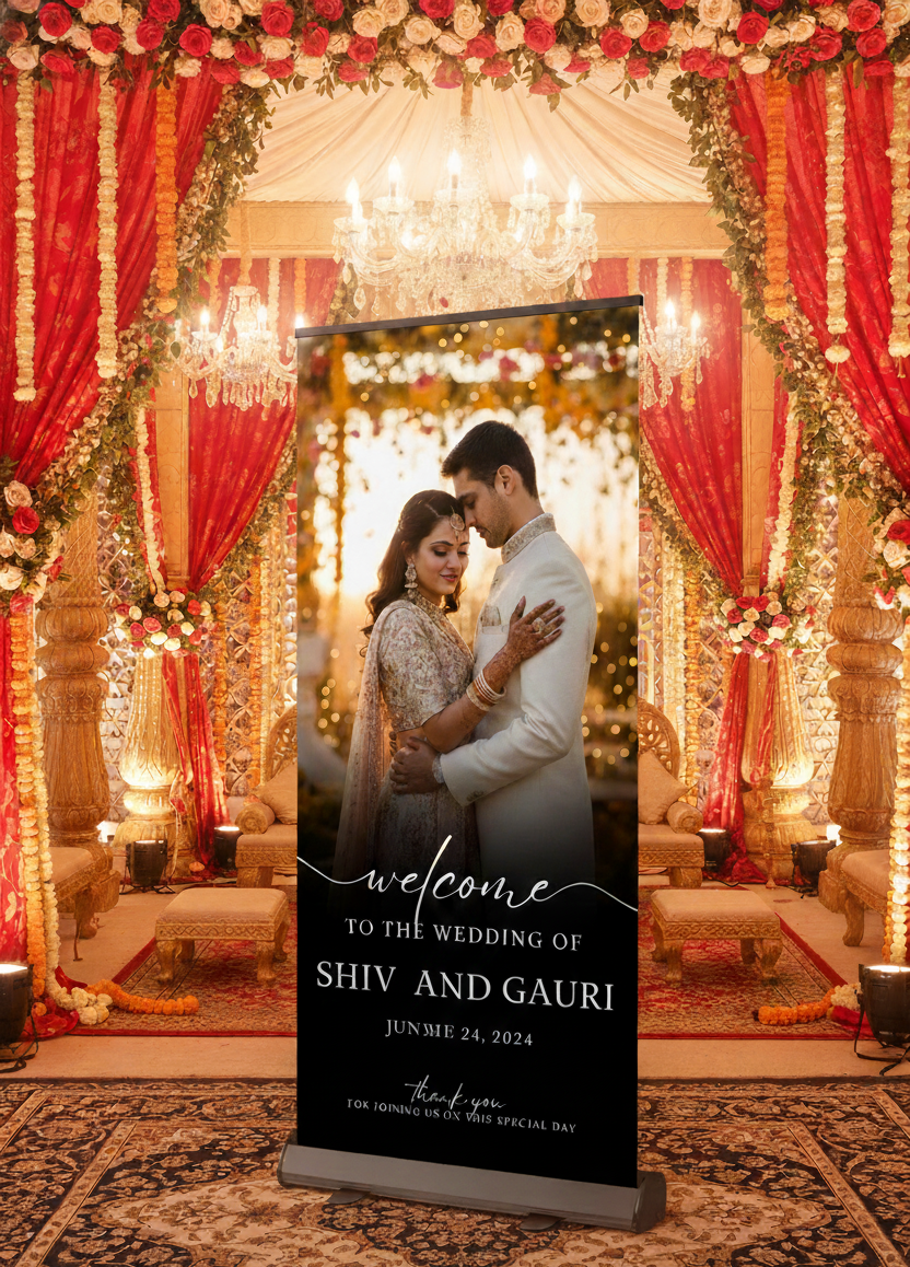 Decorated wedding venue with red and gold drapes, chandeliers, and a couple embracing. A welcome sign for Shiv and Gauri is displayed.