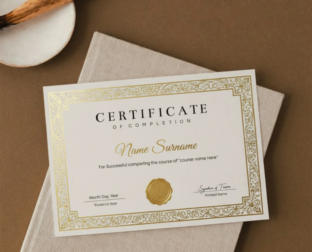 Certificate of completion with decorative border on a brown background