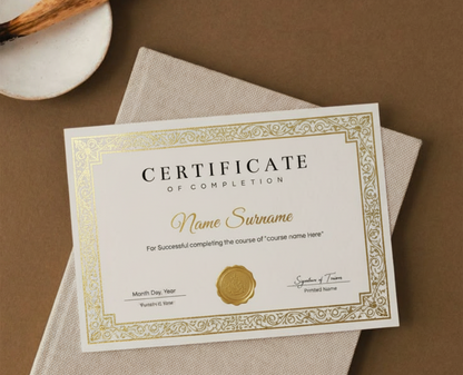 Certificate of completion with decorative border on a brown background