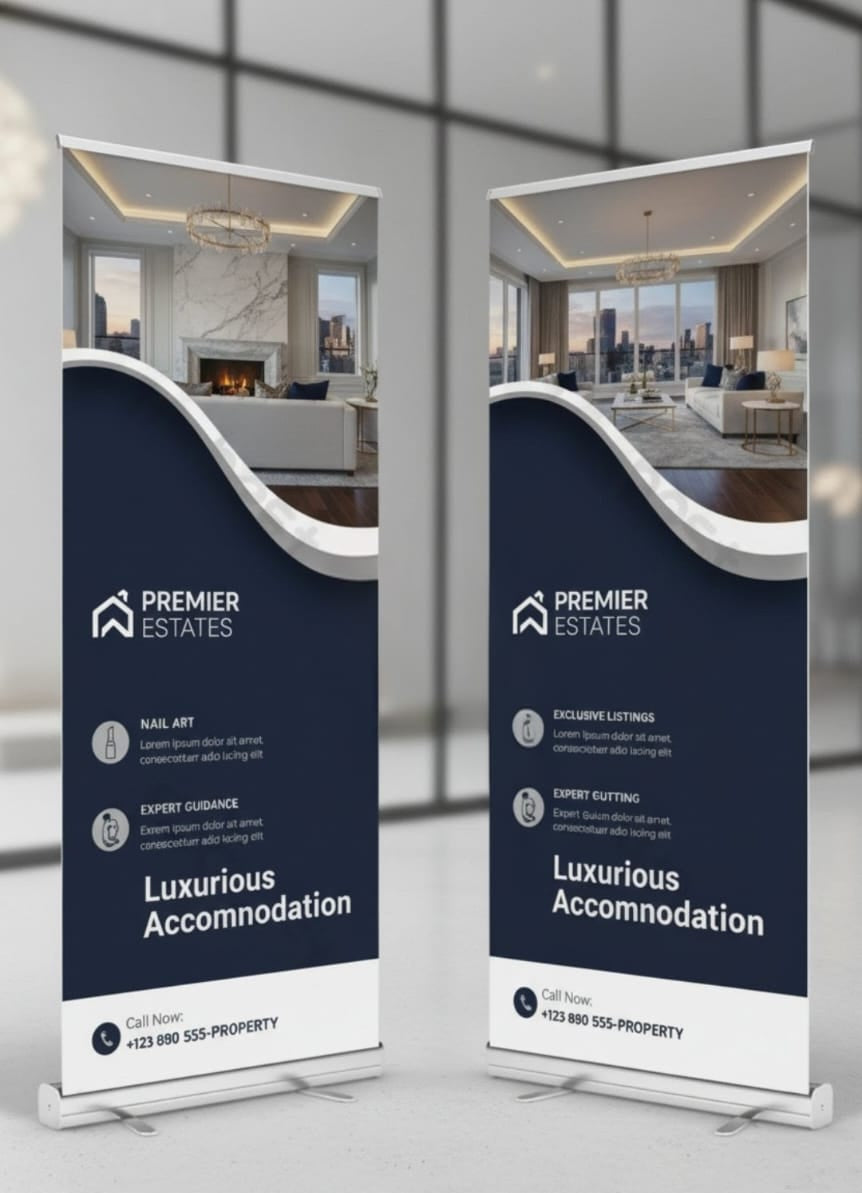Two Premier Estates roll-up banners displayed against a glass wall background.