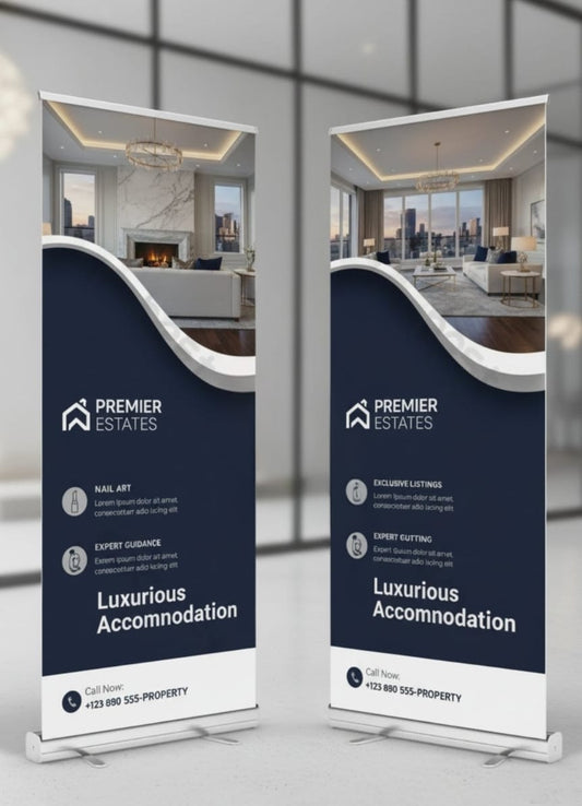 Two Premier Estates roll-up banners displayed against a glass wall background.