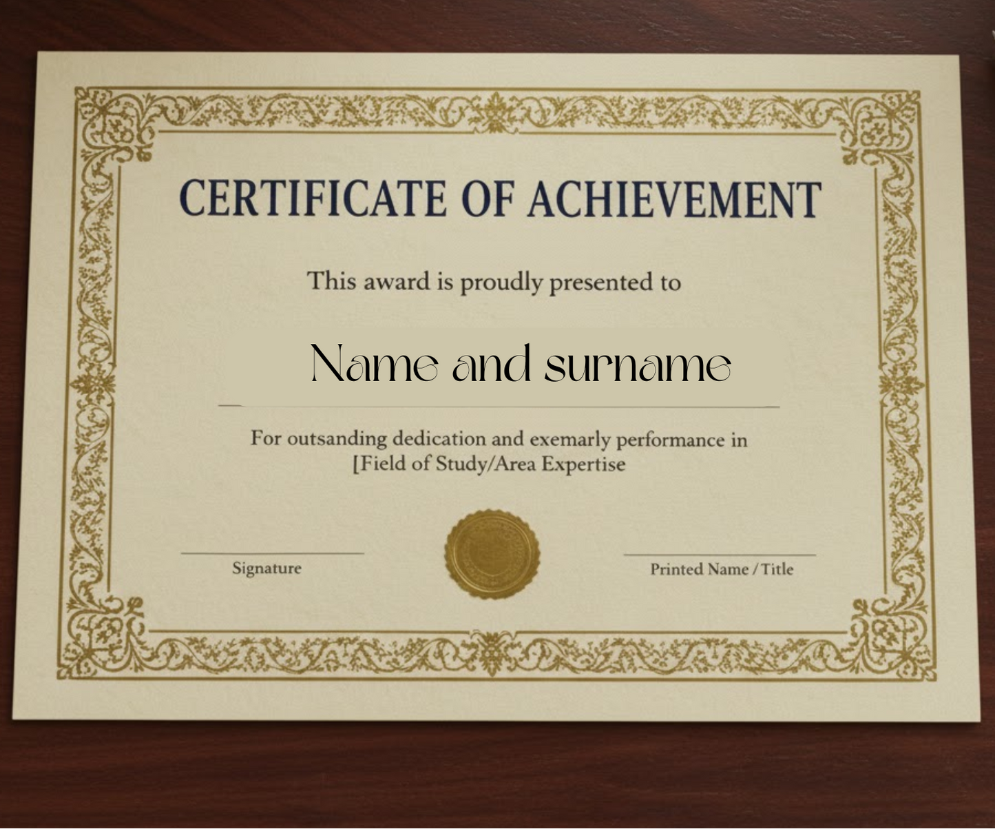 Certificate of Achievement on a wooden surface