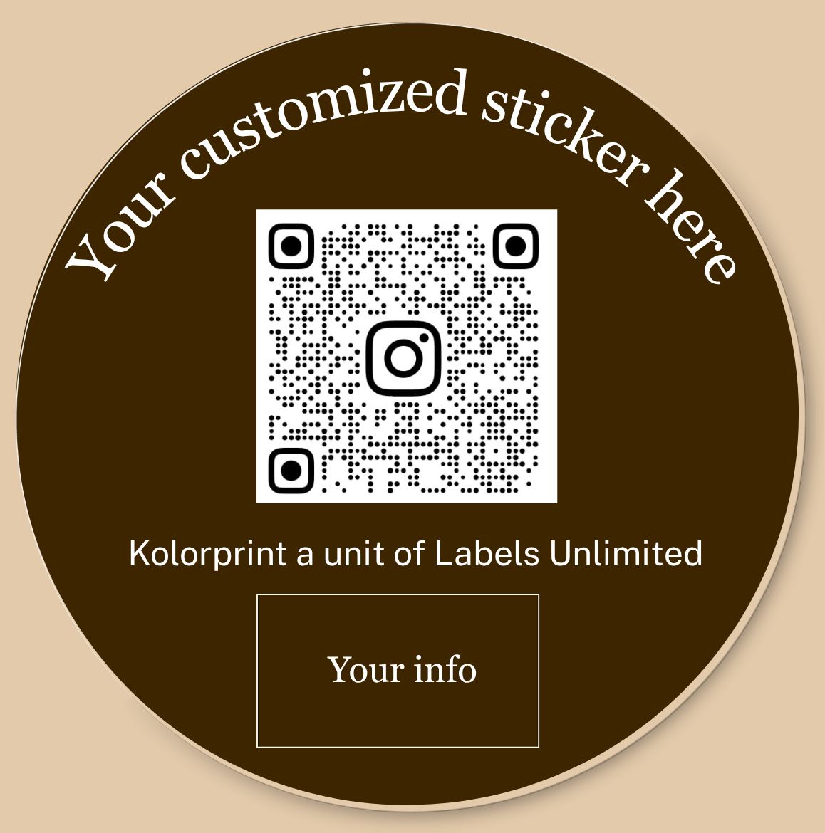 Round brown sticker with QR code and text on a beige background