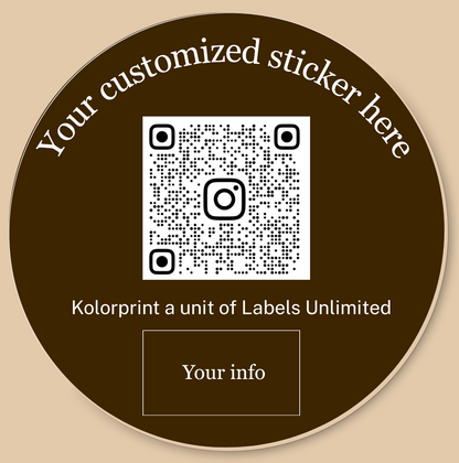 Round brown sticker with QR code and text on a beige background