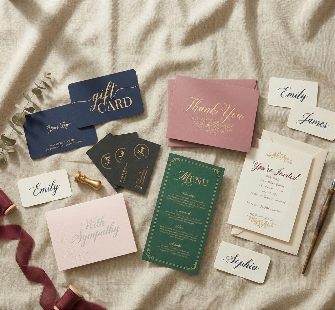 Collection of stationery items including gift cards, thank you cards, and invitations on a textured surface.