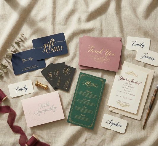Collection of stationery items including gift cards, thank you cards, and invitations on a textured surface.