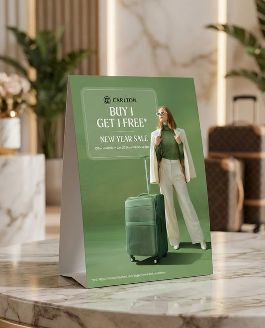 Green Carlton advertisement on a marble surface with a blurred background