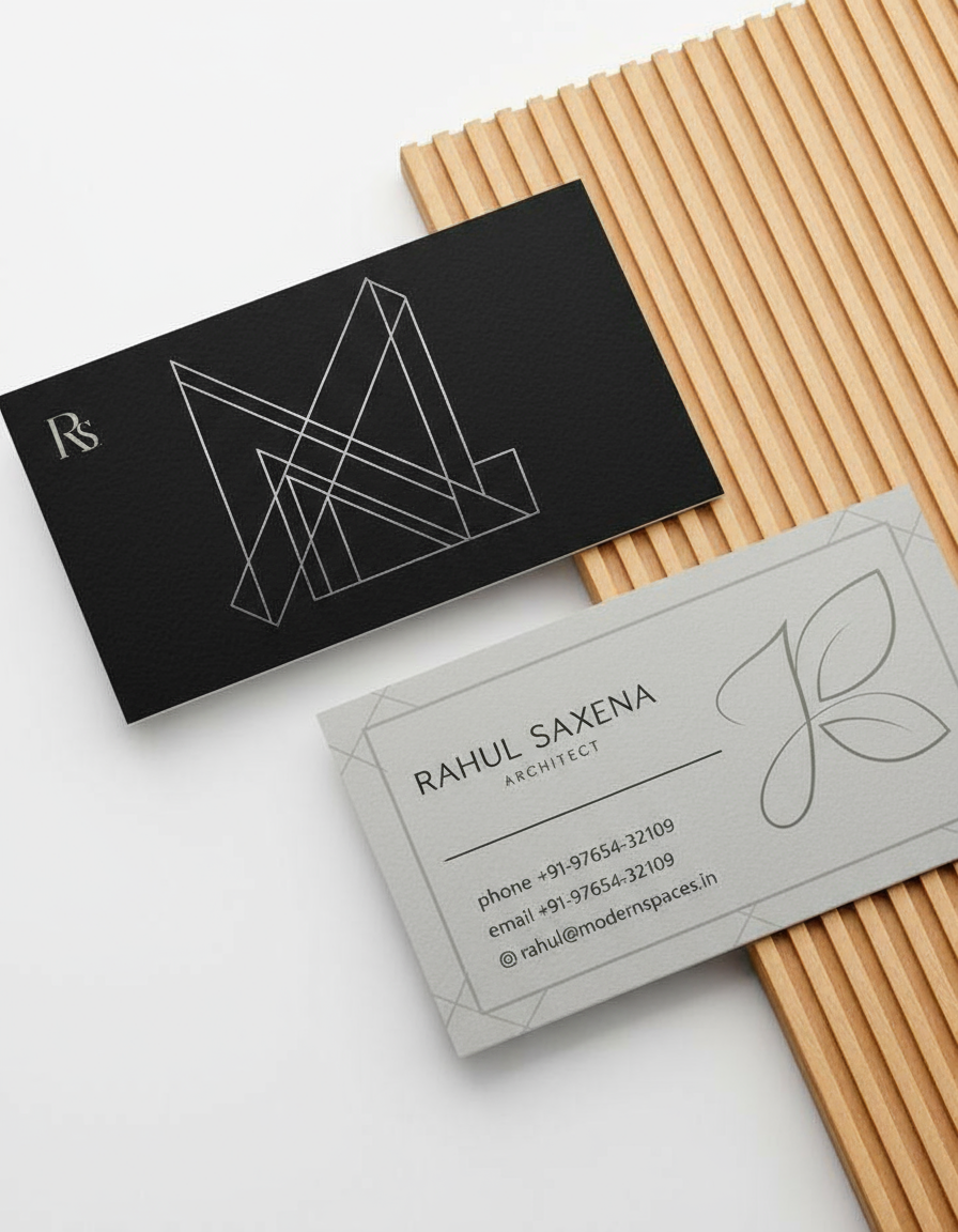 Two business cards on a white surface with wooden sticks in the background