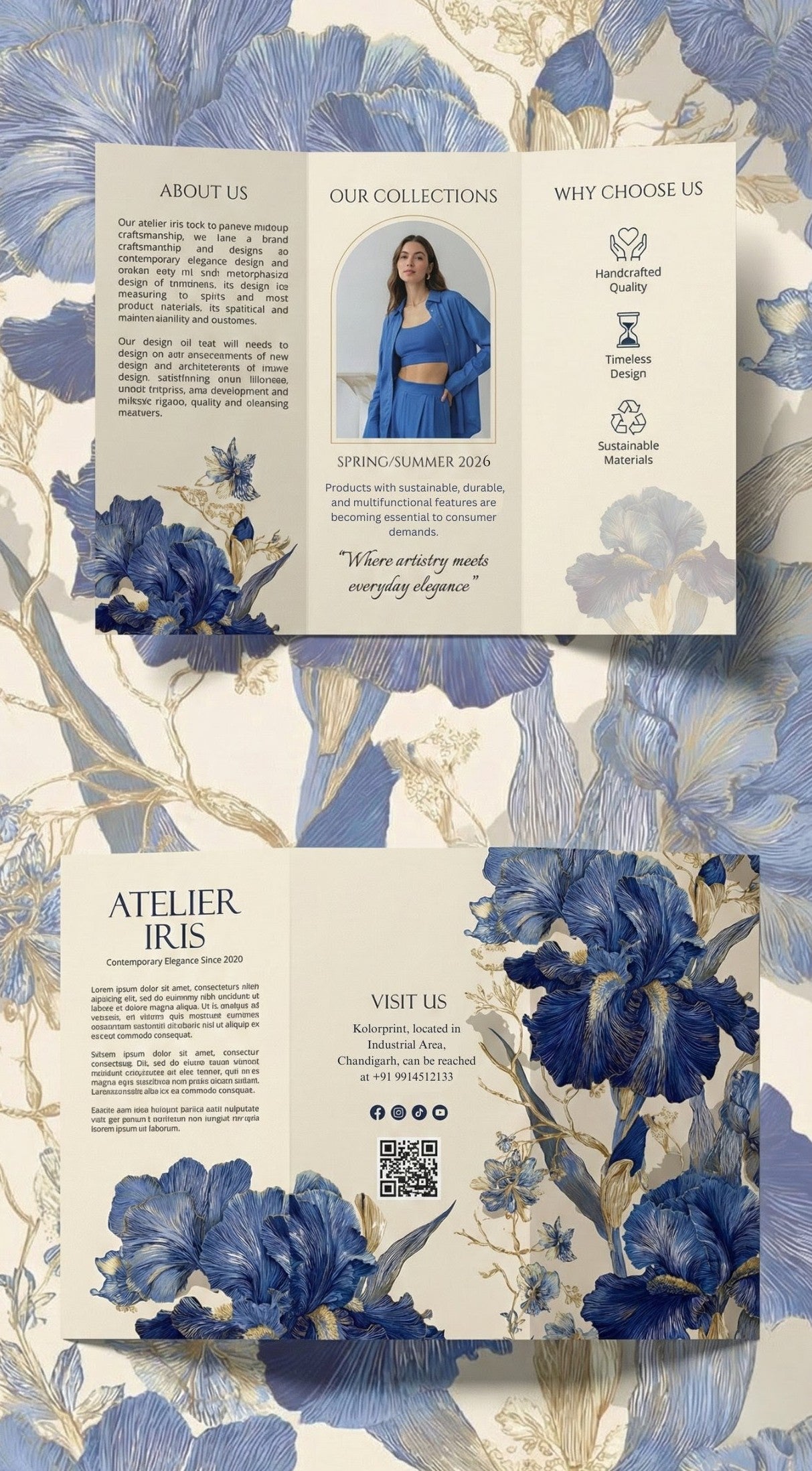 Floral design with text and a person in a blue dress brochure on a floral background