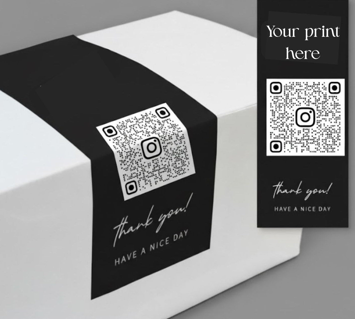 Black and white packaging with QR codes and text on a gray background